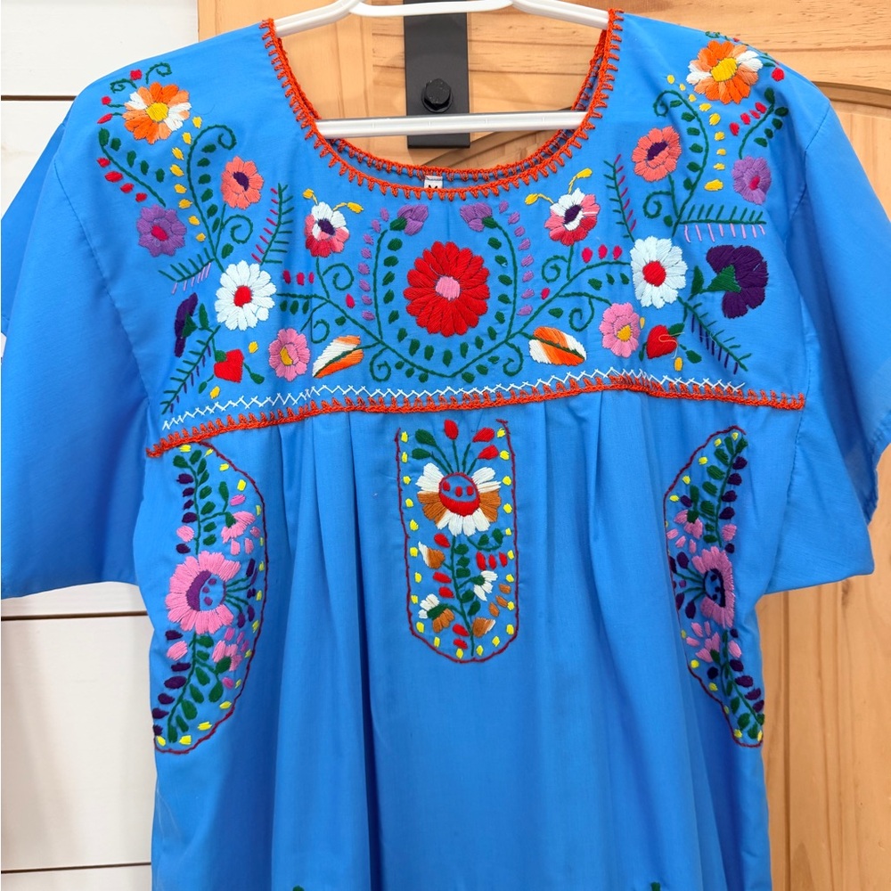 Mexican Embroidered Blue Dress - Picture 2 of 4
